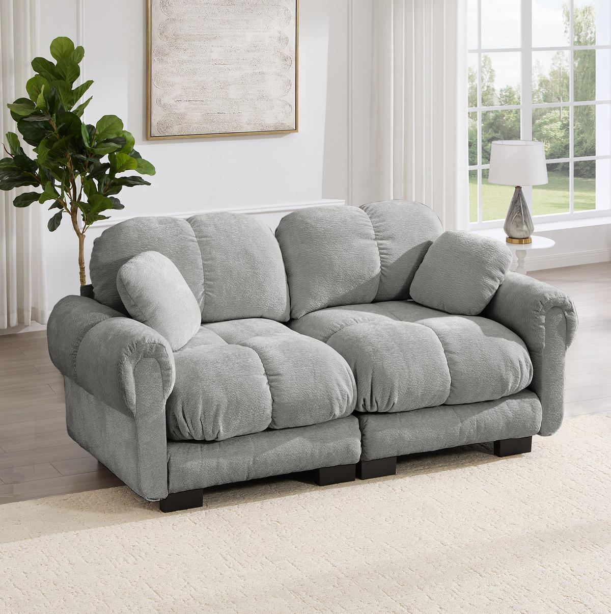 SOFA 190/86/90 cm in Hellgrau aus Chenille mit Steppnähten - Hellgrau, Textil (86/90/190cm) - Flora Grace