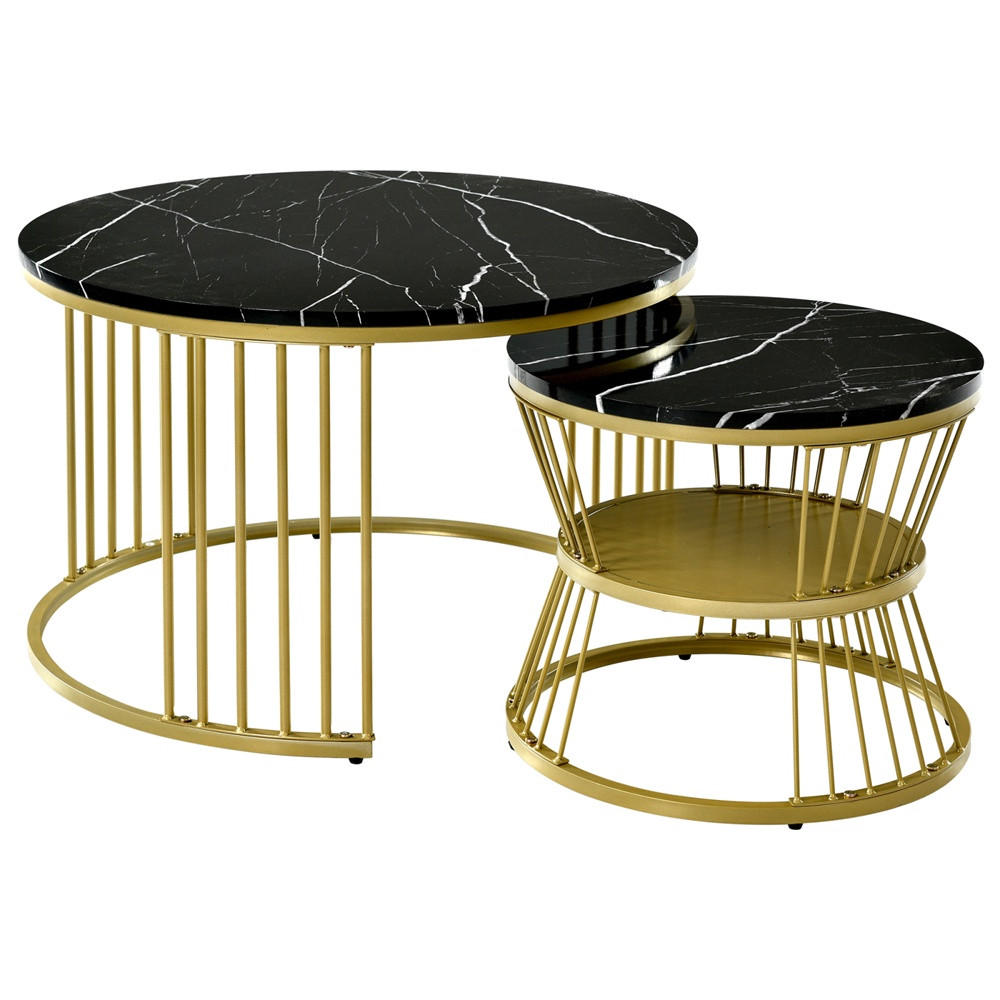 COUCHTISCH 2er Set - Runder Couchtisch 70 cm & 45 cm - Ineinander Schiebbar Marmoroptik - Gold & Schwarz - Schwarz, Holzwerkstoff (70/70/45.5cm) - DELFA