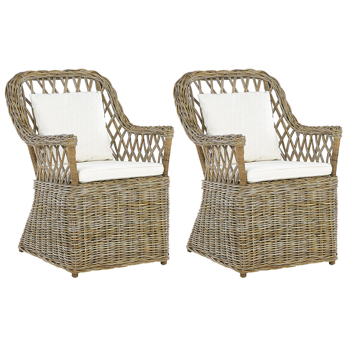 GARTENSESSEL 2er-SET Rattan natürlich Auflagen cremeweiß Maros - Beige/Naturfarben, Naturmaterialien (60/90/70cm) - Beliani