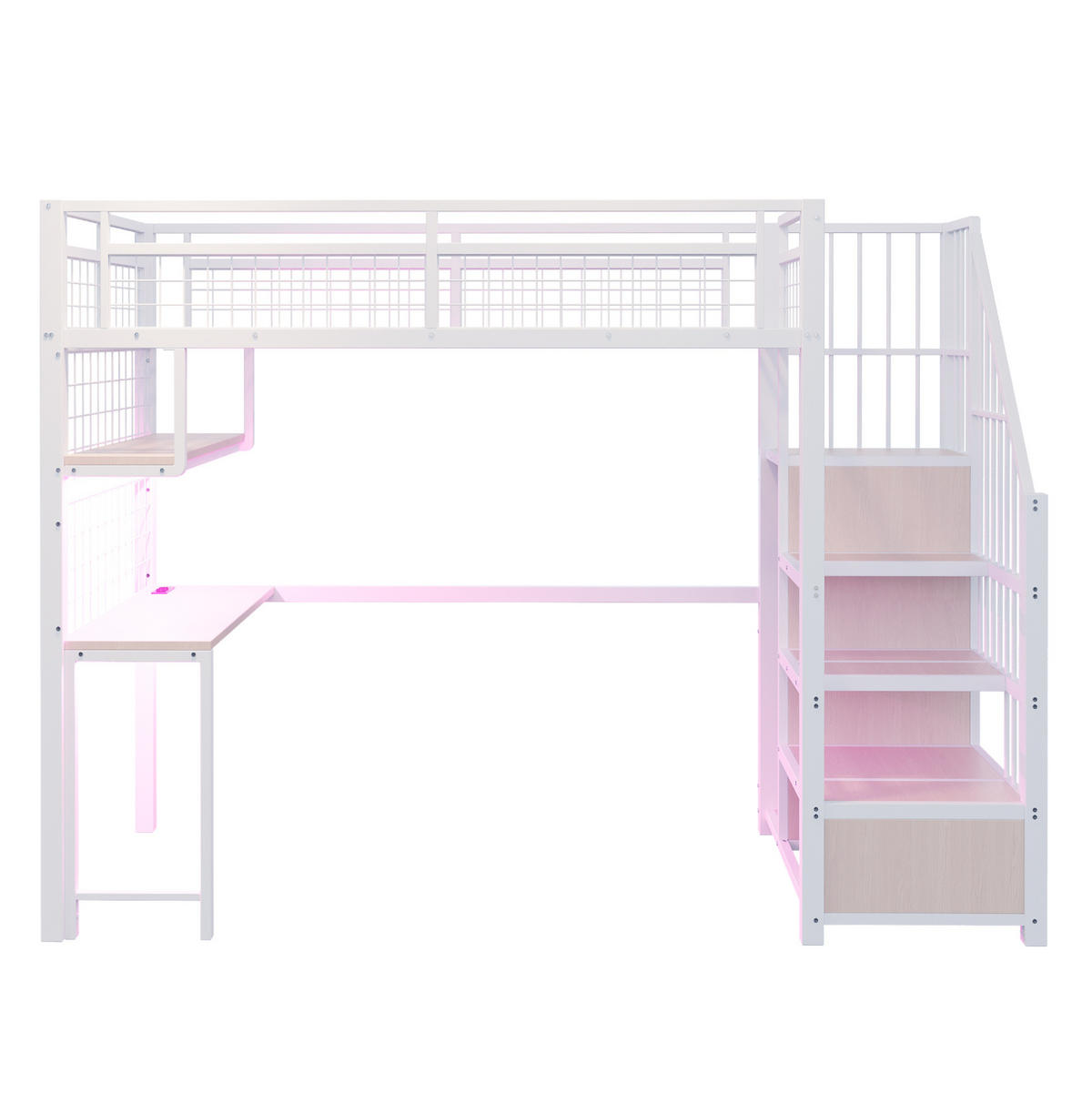 VYSOKÁ postel 90/200 cm bílá s psacím stolem úložnými schody a policemi z kovu - bílá, kov (90/200cm) - OKWISH