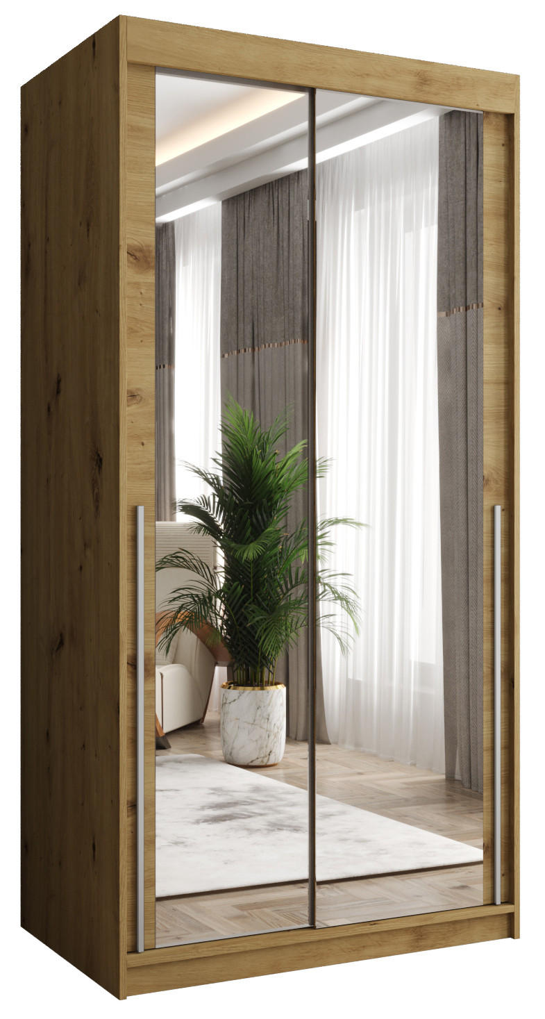 SCHIEBETÜRENSCHRANK mit Spiegel 100 cm Breite Artisan mit silbernem Griff - Silberfarben/Eiche Artisan, Holzwerkstoff (100/200/62cm) - Home Collective