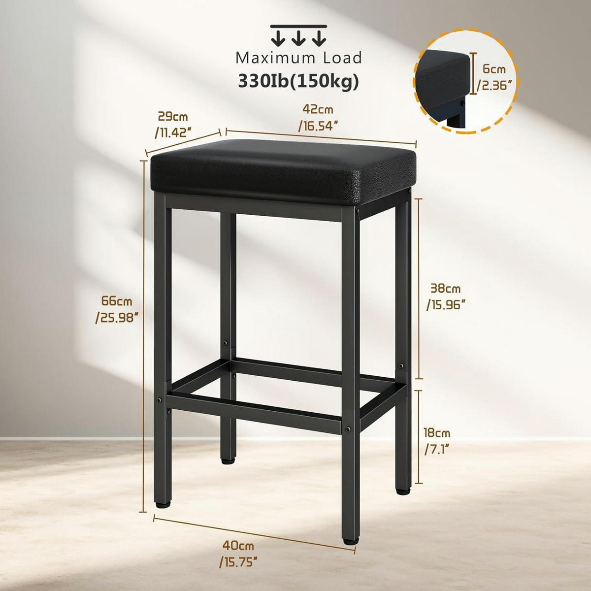 BARHOCKER 2er Set Schwarz Lederoptik 66 cm - Schwarz, Kunststoff (42/66/29cm)