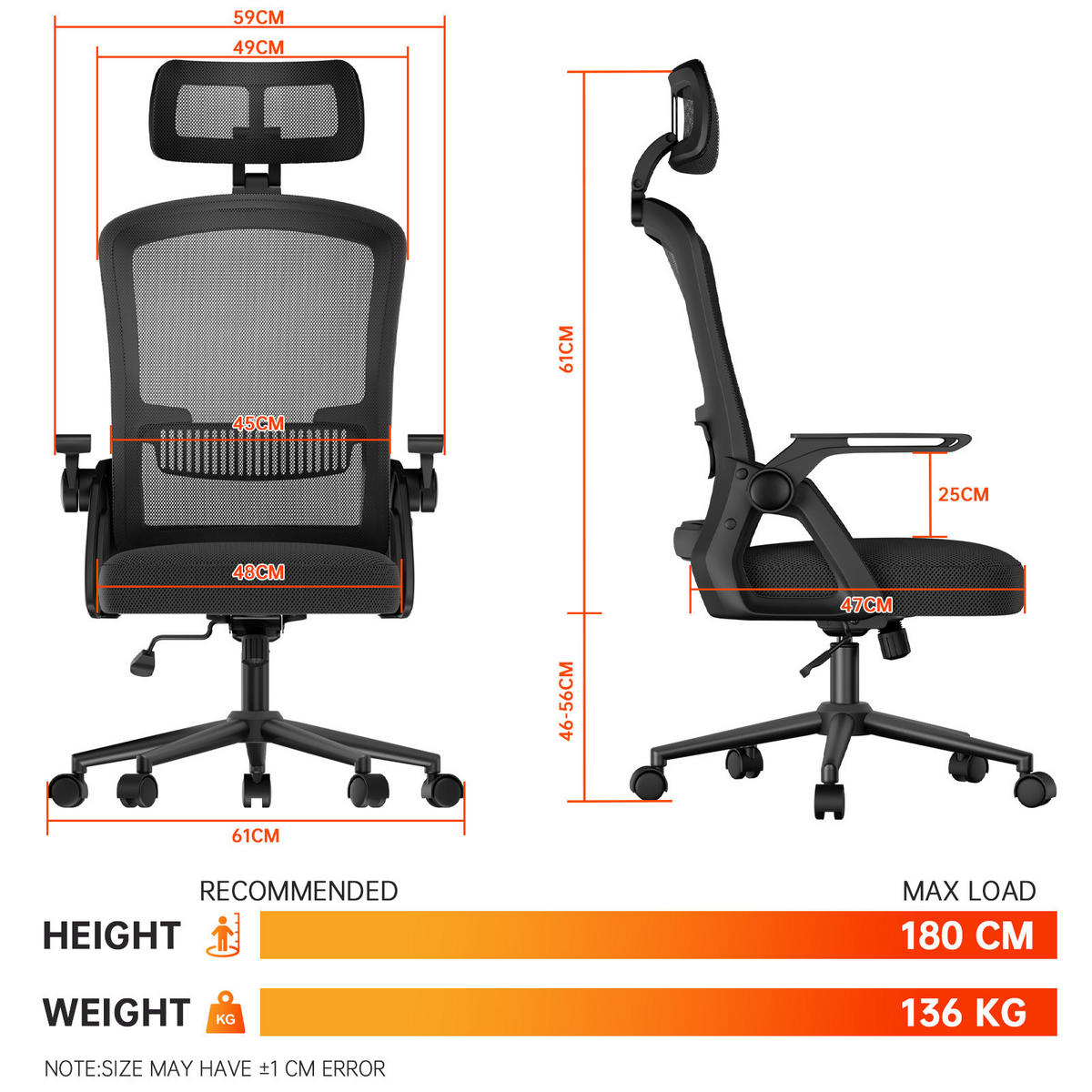 DREHSTUHL Mesh Schwarz ergonomisch klappbare Armlehnen - Schwarz, Metall (23.5/52/62.5cm) - Rattrix