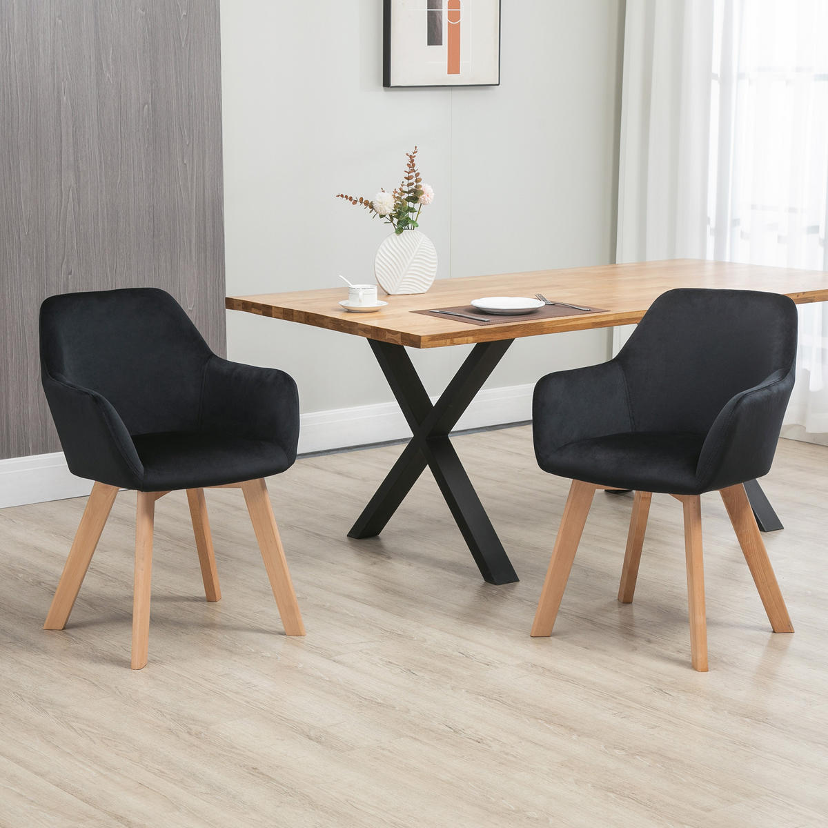 ESSZIMMERSTÜHLE 2er Set, Küchenstuhl mit Armlehne, Rückenlehne, Samtoptik - Schwarz/Naturfarben, Holz/Kunststoff (57/80/54cm) - HOMCOM