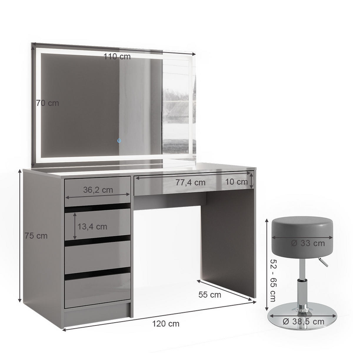 SCHMINKTISCH Sherry Grau 120 cm mit LED-Spiegel und Hocker - Grau, Holzwerkstoff (120/75/55cm) - Vicco