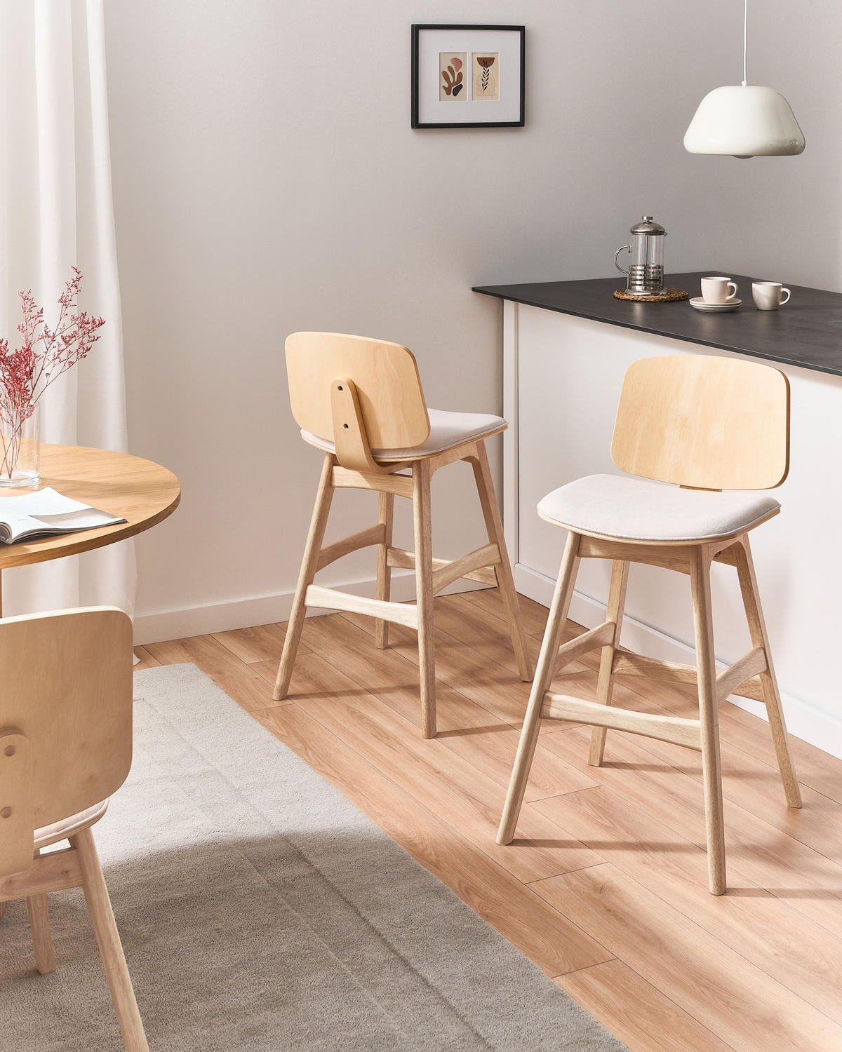 SCAUN DE BAR set de 2 lemn maro deschis/bej deschis Charleston - bej, material textil (47/92/50cm) - Beliani