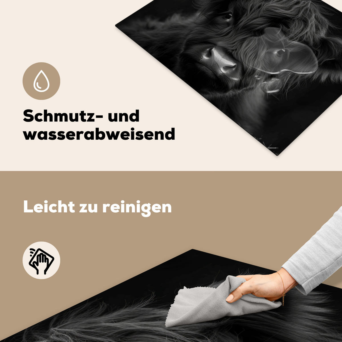 HERDABDECKPLATTE Scottish Highlander - Schwarz - Kalb - Kuh Herdabdeckung Induktionsfeld 70x52 cm - Schwarz, Kunststoff (70/52/0.2cm) - MuchoWow