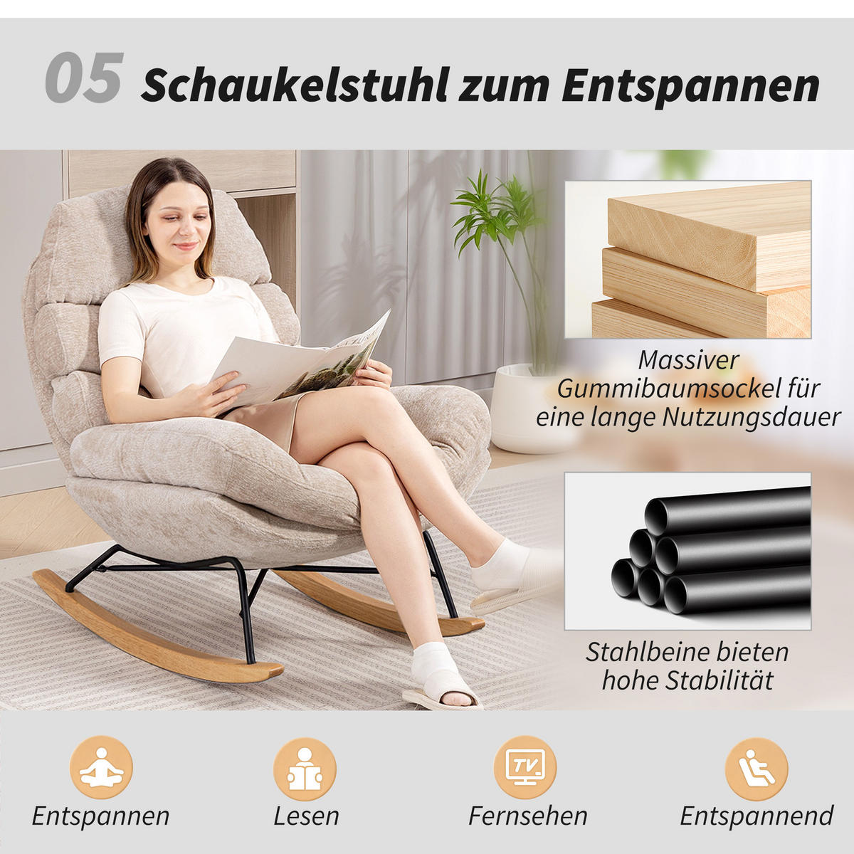 SCHAUKELSTUHL Schaukelsessel Schneidersitz mit Rückenlehne Chenille-Optik - Creme, Textil (80/91/103cm) - HOMCOM