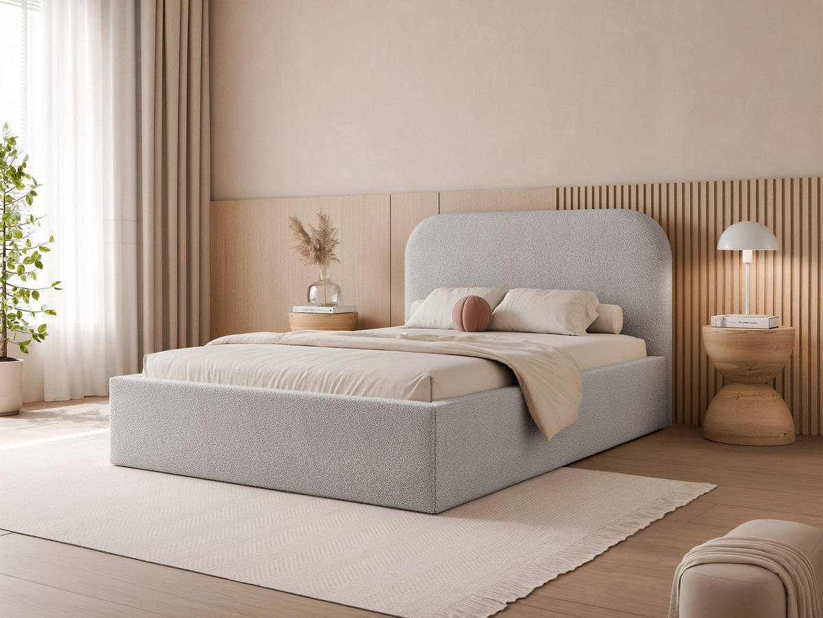 POLSTERBETT FUZZI 120x200 cm Grau Bouclé (Stoff Now or Never) - mit Bettkasten und Lattenrost - Grau, Holzwerkstoff/Textil (120/200cm) - Ravio