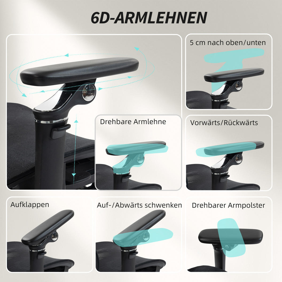 BÜROSTUHL Ergonomisch Schreibtischstuhl mit verstellbar Lenden- und Kopfstütze 6D-Klapparmlehnen Fußstütze Netz Schwarz - Schwarz, Textil (67/133/71cm)