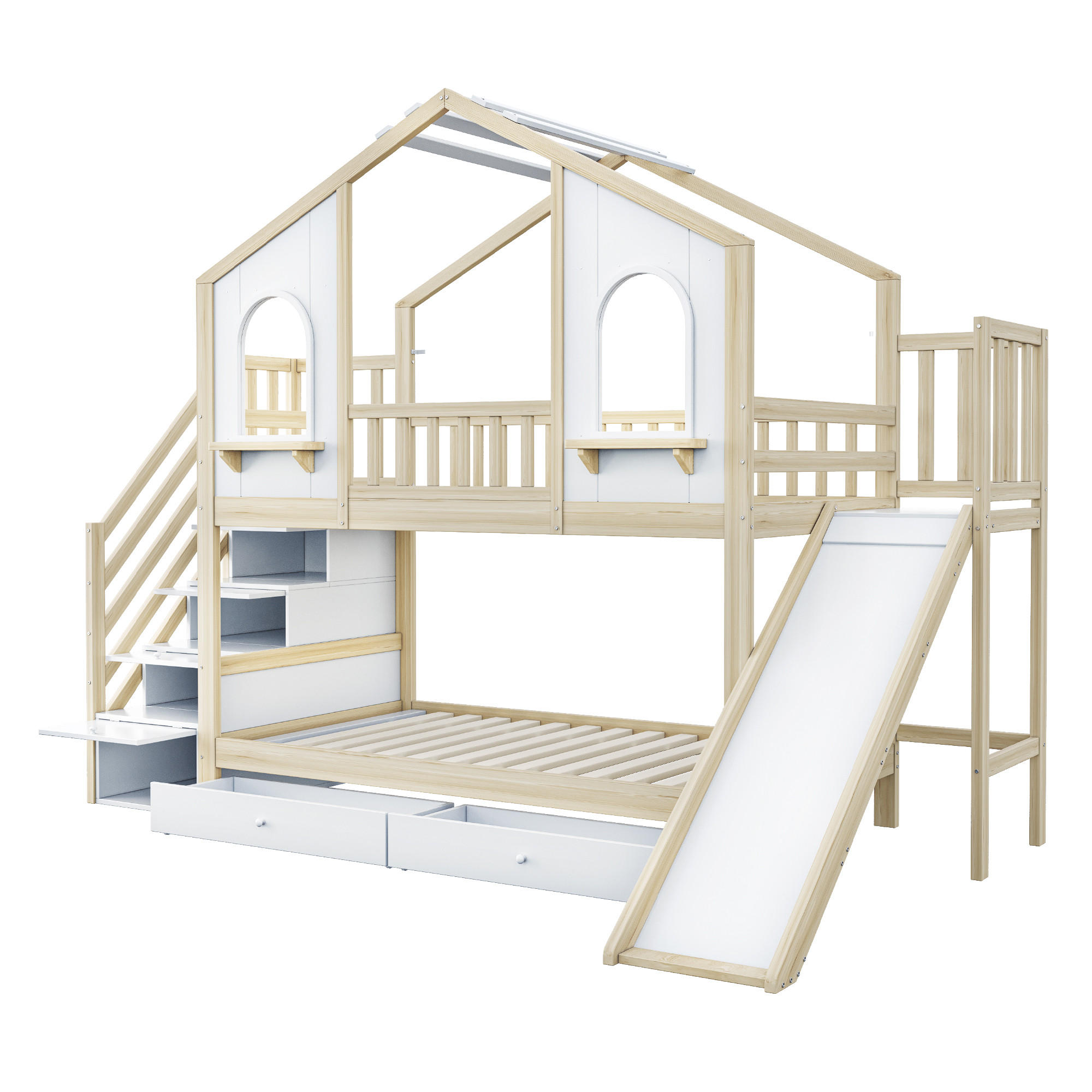 SPIELBETT 90/200 cm DE-01484, in Holzfarbe, mit Rutsche, Aufbewahrungsleiter und 2 Schubladen - Naturfarben, Holz (90/200cm) - ComfortXL