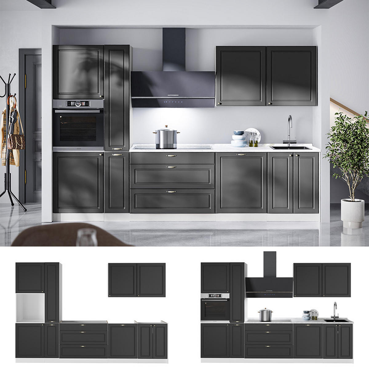 KÜCHENZEILE Fame-Line, Anthrazit-Gold Landhaus/Weiß, 310 cm ohne Arbeitsplatte - Anthrazit/Weiß, Holzwerkstoff (310/206.8/51.6cm) - Vicco