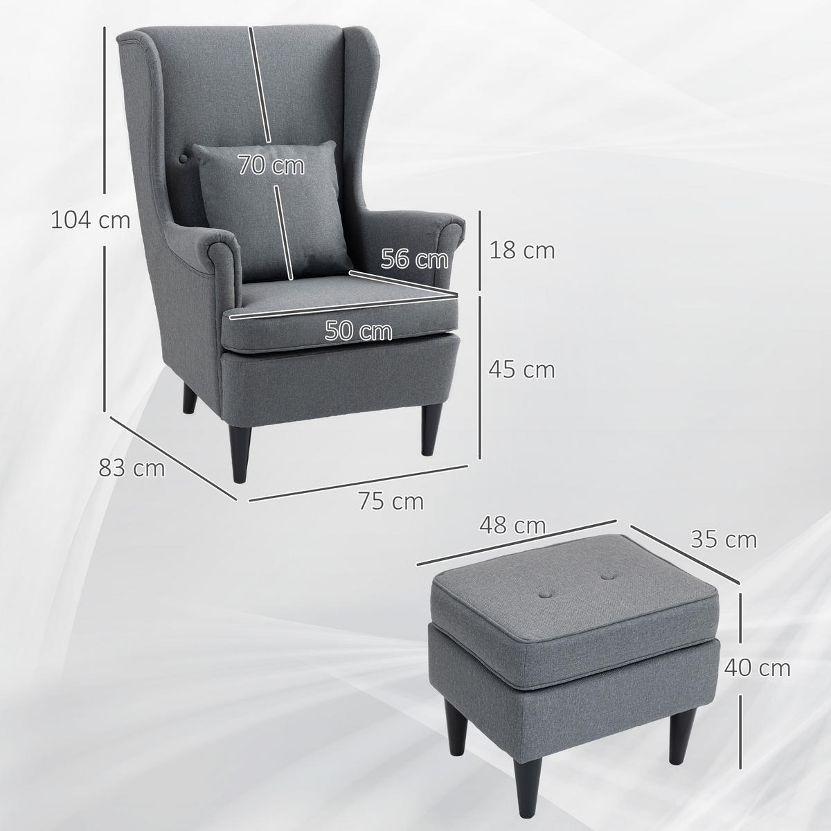OHRENSESSEL mit Hocker Sessel mit Leinenoptik, Lendenkissen für Wohnzimmer Grau - Grau, Kunststoff (75/104/83cm) - HOMCOM