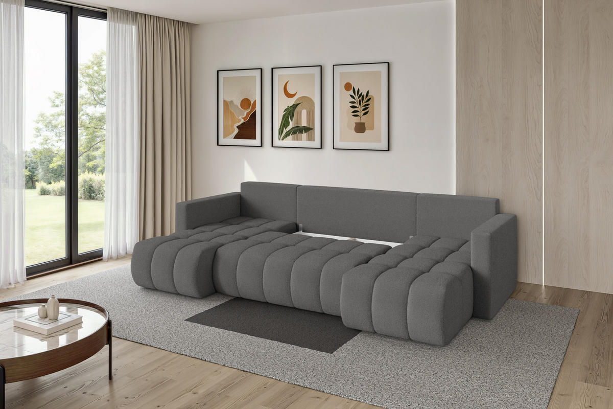 SEDACÍ SOUPRAVA DO U s funkcí spaní a úložným prostorem GARD-U 300x146x85 šedá bouclé - šedá/černá, kompozitní dřevo/textil (300/85/146cm) - ALTDECOR