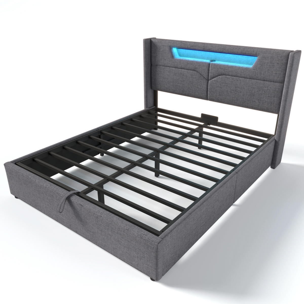 POLSTERBETT 140/200 cm mit LED-Beleuchtung, USB- und Type-C-Anschluss, Bettkasten und Leinenbezug, Grau - Grau, Textil (140/140cm) - Redom