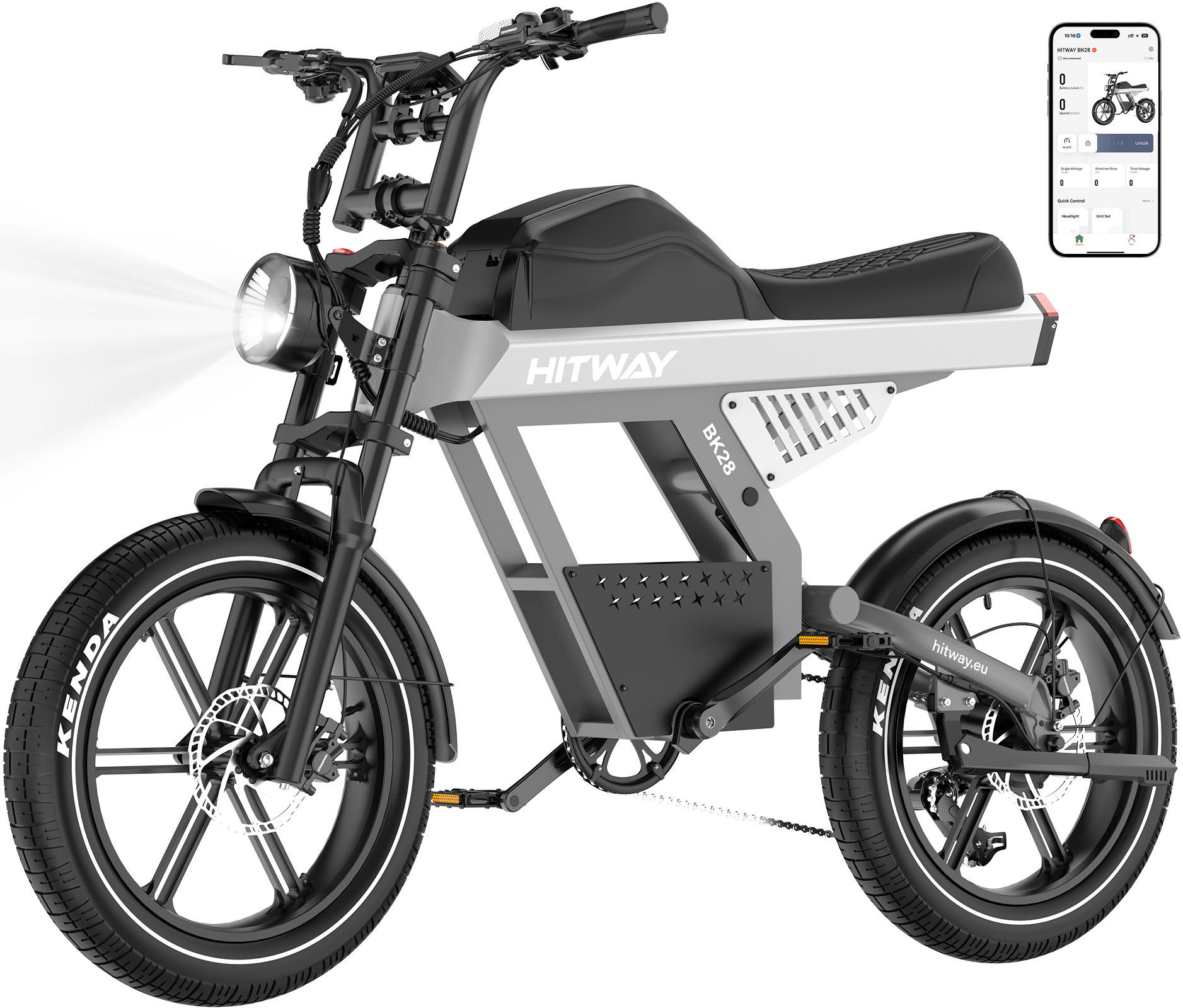 E-BIKE BK28 48V 25Ah Akku ,hydraulische Scheibenbremsen ,App und NFC 5-Gang-Verstellung - Grau, Metall (86cm) - HITWAY