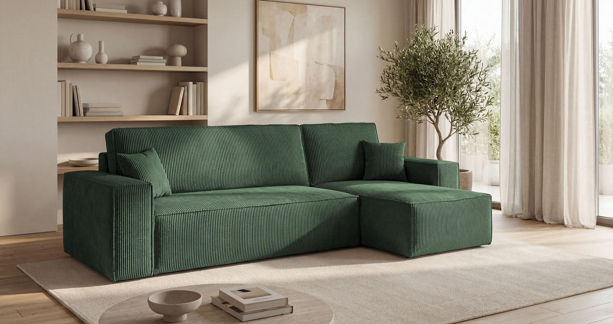 ECKSOFA CALIFORNIA MINI rechts grün Cord Poso 14 - Schlaffunktion, Bettkasten - Grün, Textil (245/139cm) - Cornero