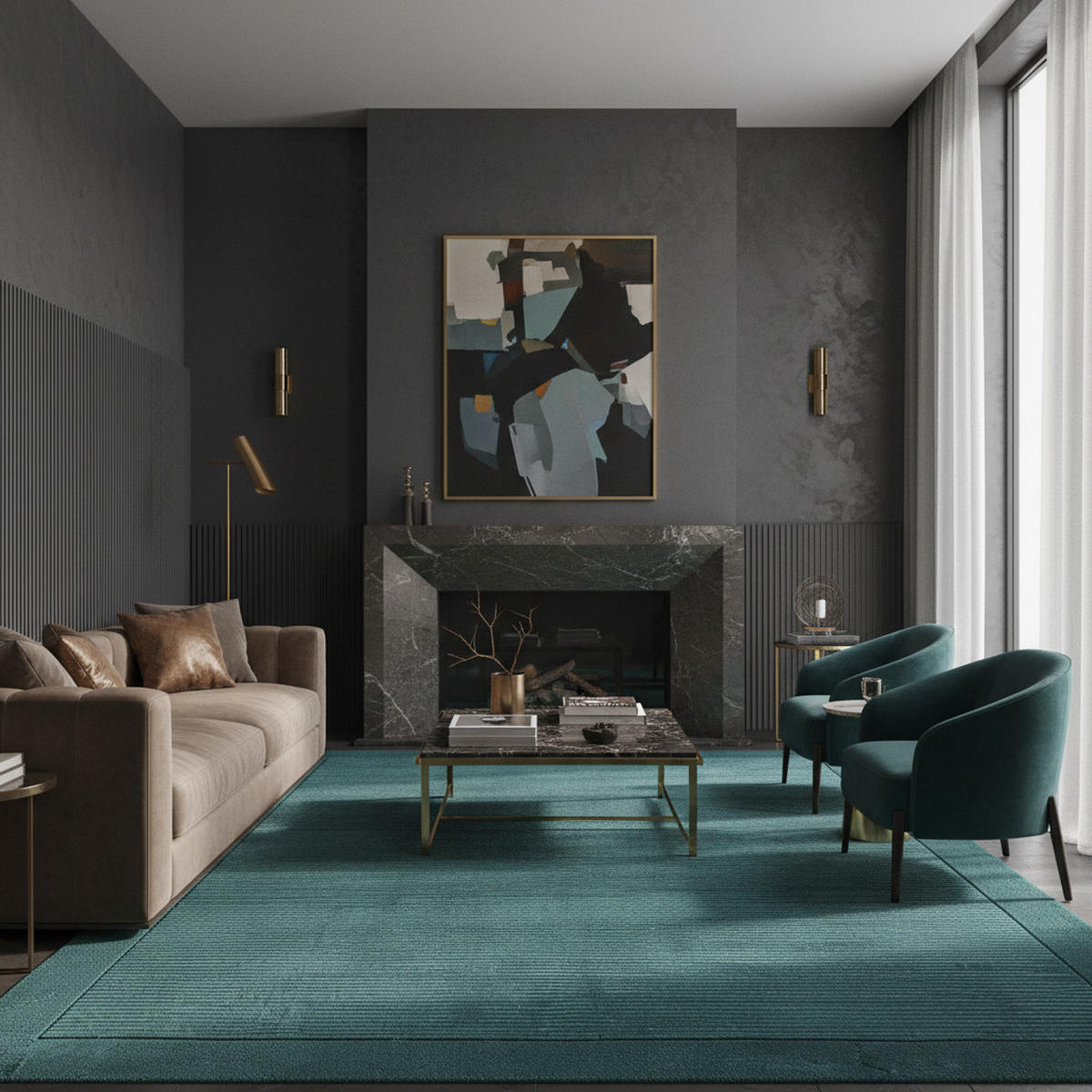 TEPPICH Schurwolle handgewebt mit Bordüre modern STOW, Türkis 200x290 cm - Grün, Textil (200/290cm) - KADIMA DESIGN