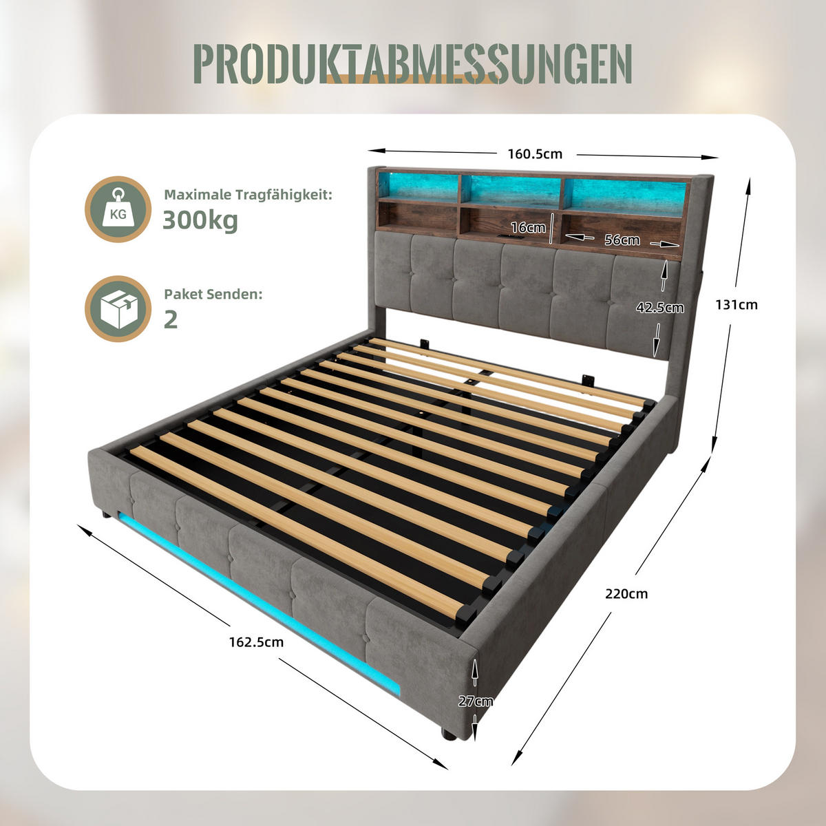 POLSTERBETT 160/200 cm Dunkelgrau mit 6 Fächer, Seitentaschen, USB-C und LED - Dunkelgrau, Textil (160/200cm) - Oxeza