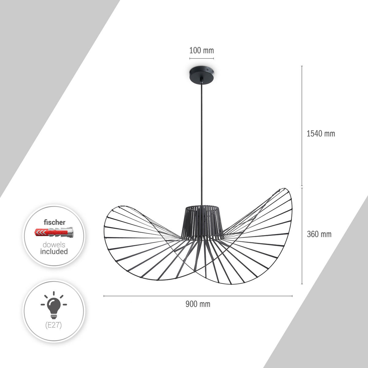PENDELLEUCHTE Hugo Pd1 Lena 100 - Schwarz/Weiß, Metall (90/90/42cm) - Paco Home