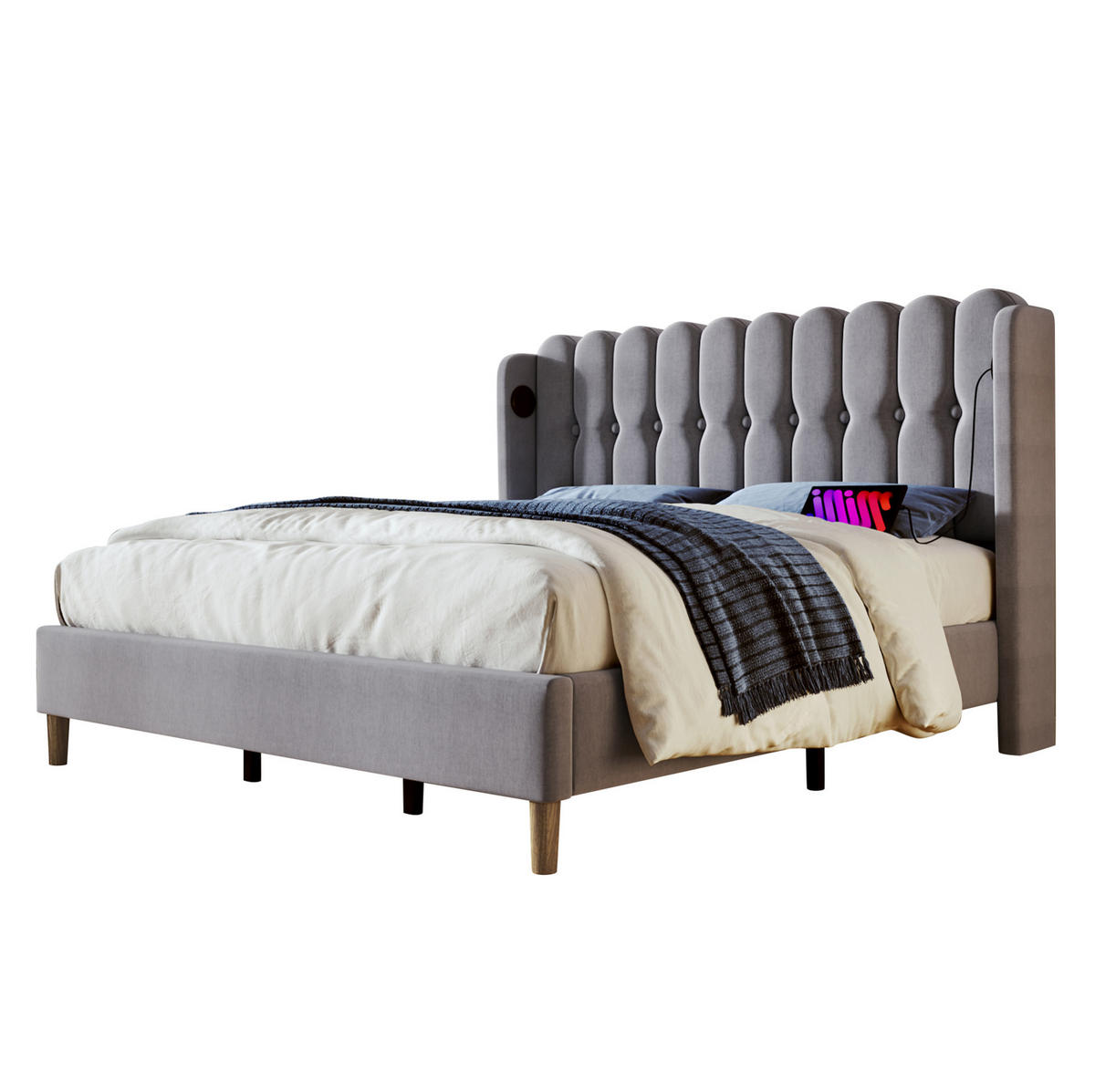 POLSTERBETT 180/200 cm mit USB- & Typ-C-Anschluss, Leinenbezug Grau, Lattenrost inkl., Grau - Grau, Textil (180/200cm) - Redom