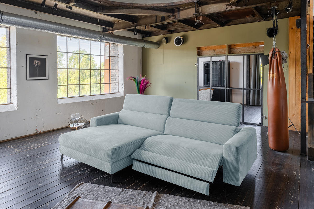 ECKSOFA LAISKA Hellblau Cord Relaxfunktion - Schwarz/Hellblau, Textil/Metall (282/177cm) - KAWOLA