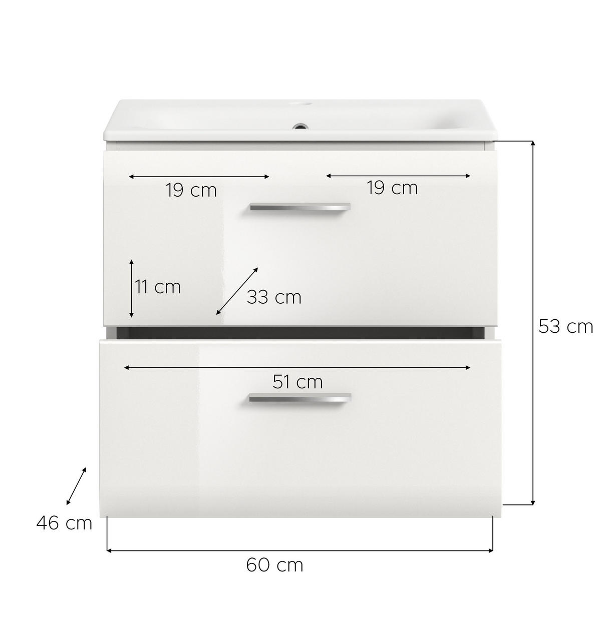 WASCHTISCH inkl. Waschbecken ICE (B/H/T: ca. 60/55/46 cm) in Weiß/weiß hochglanz - Weiß, Holzwerkstoff (60/55/46cm)