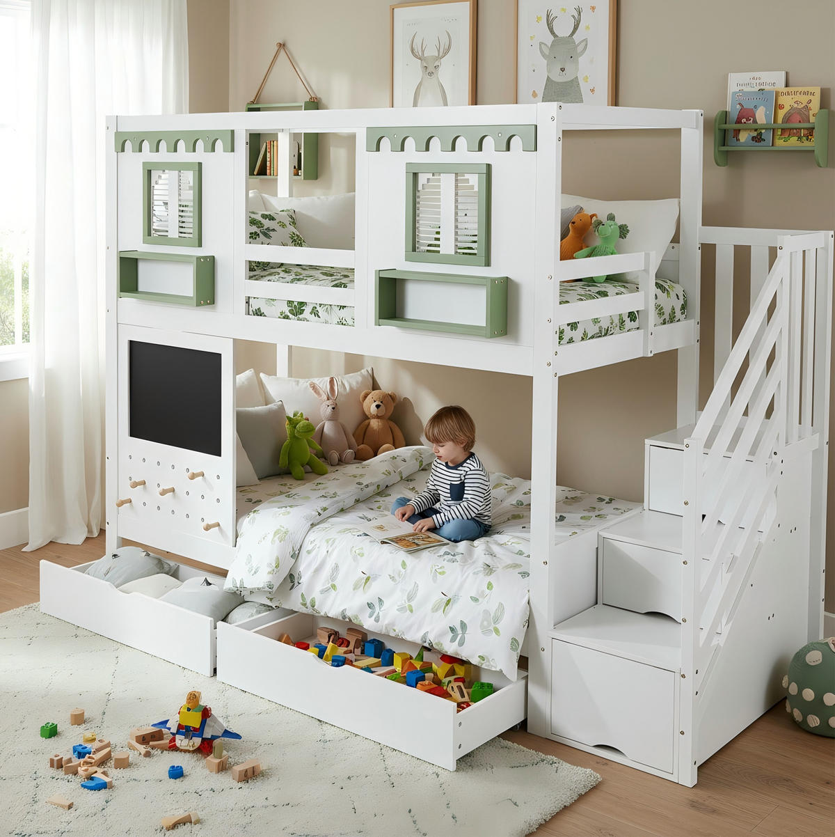 ETAGENBETT aus Kiefer, MDF und Sperrholz 90x200 cm Weiß/Grün mit Treppenstauraum, 2 Schubladen und Lochbrett - Weiß, Holzwerkstoff (90/200cm) - Modfu