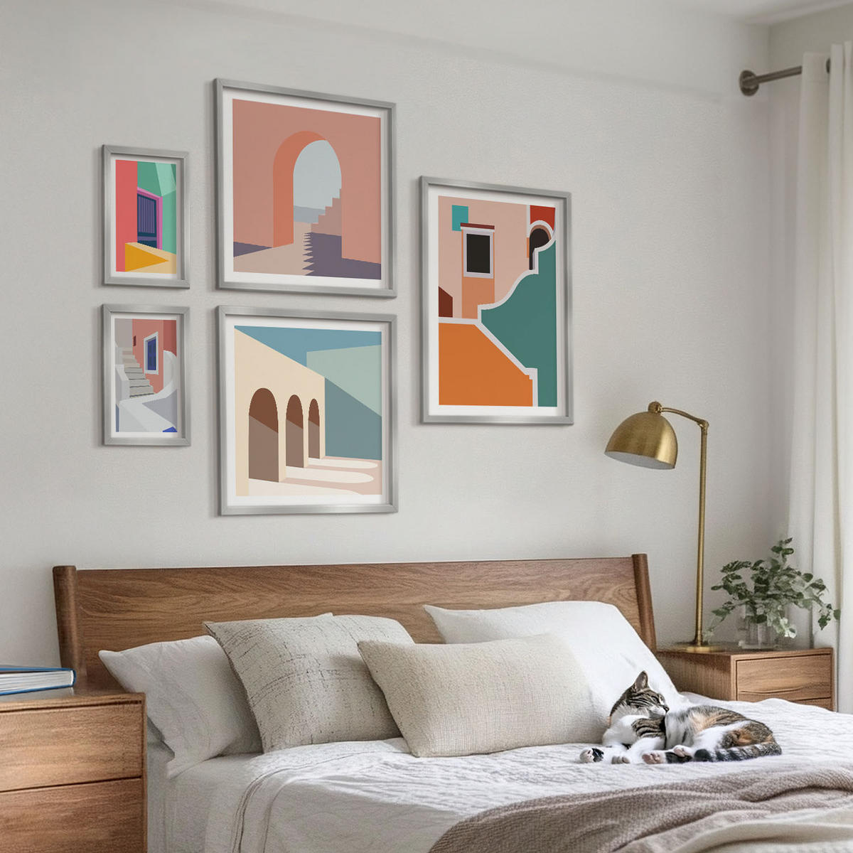 BILDER SET 5er Set - 50x50 cm & 20x30 cm & 40x60 cm Silberner Rahmen - Farbenfrohe moderne Gebäude - Silberfarben, Kunststoff (40/60cm) - TULUP