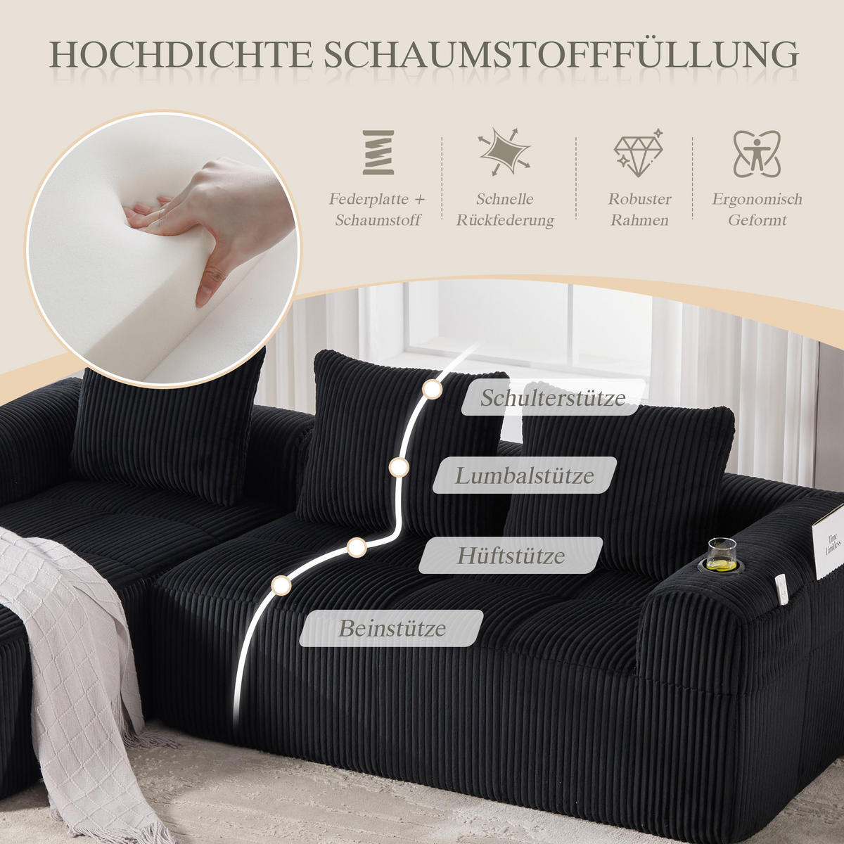ECKSOFA 3-Sitzer mit Getränkehalter, Seitentaschen & 3 Kissen - Schwarz, Textil (253/158cm) - Urban Meuble