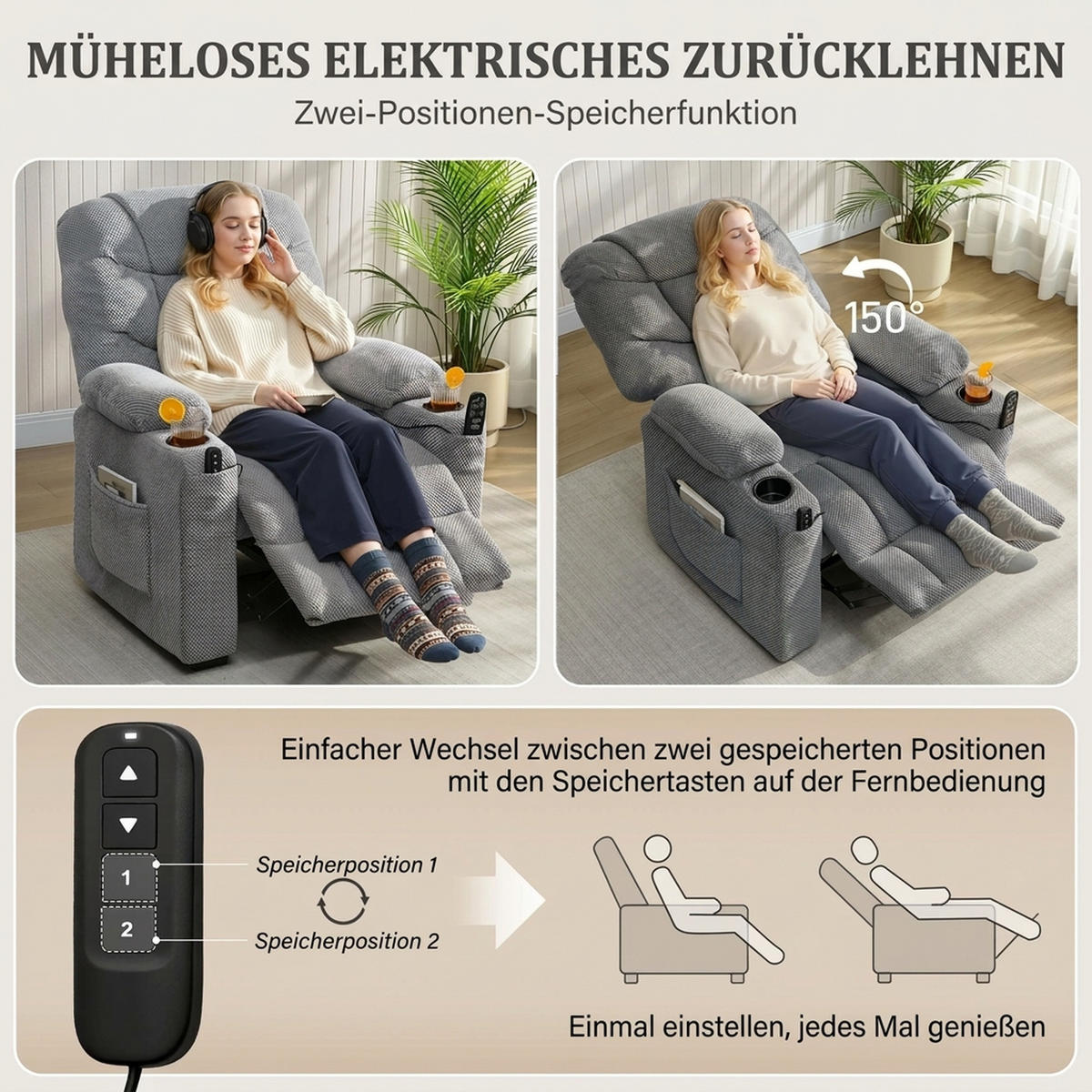 ELEKTRISCHER-RELAXSESSEL Samt Metall Dunkelgrau - Dunkelgrau/Schwarz, Textil/Metall (90/105/96cm) - HOMCOM