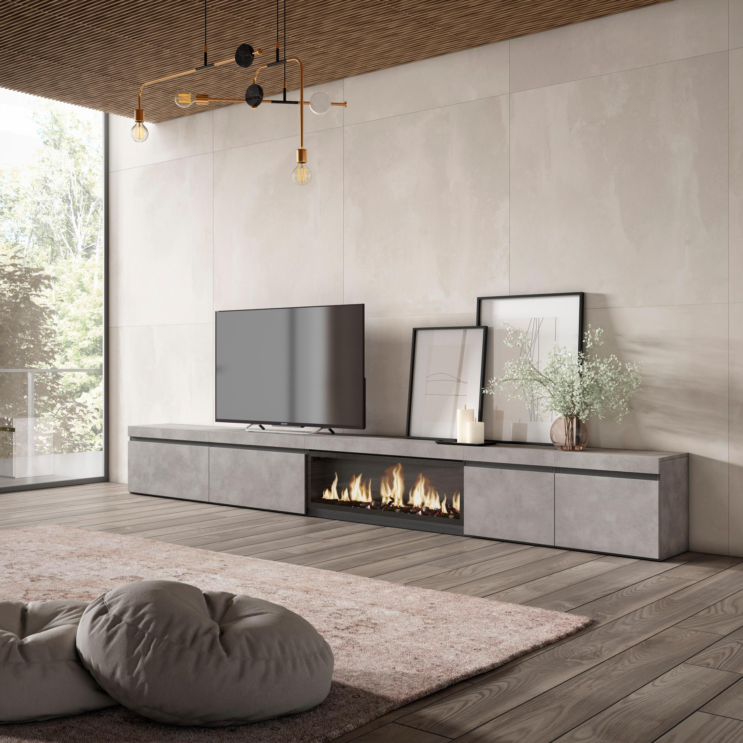 TV-SCHRANK Elektrokamin XXL, zementgrau, 368/35/45cm - Grau, Holzwerkstoff (368/45/35cm) - Skraut Home