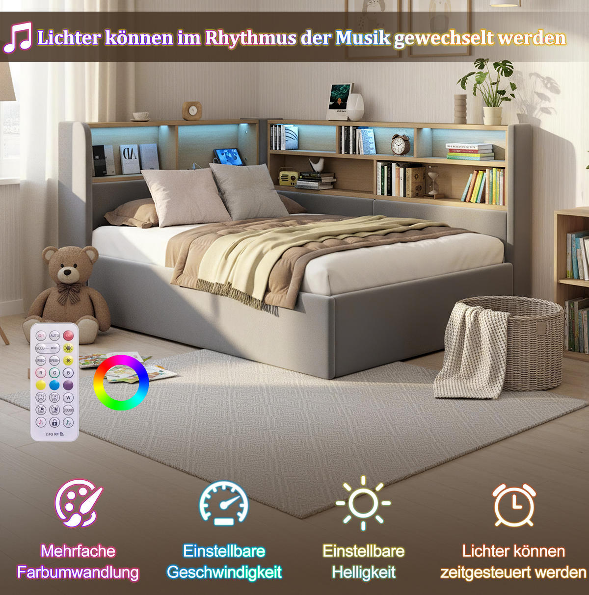 TAGESBETT 90/200 cm mit hydraulischem Bettkasten, LED, USB- und Type-C-Anschluss, Samt, Grau - Grau, Textil (90/200cm) - Redom