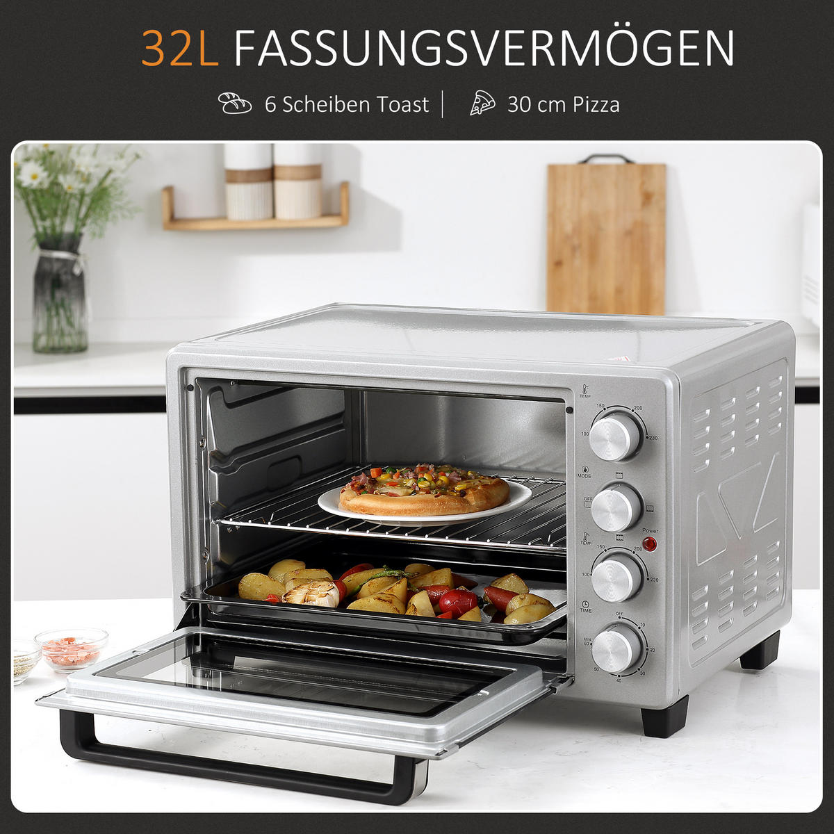 MINIBACKOFEN 32L 1600W Elektrischer Ofen mit Umluft, Backblech, Grillrost & Krümelblech, Edelstahl Glas, Silber - Silberfarben, Metall (52.2/33.5/38.1cm) - Beaface
