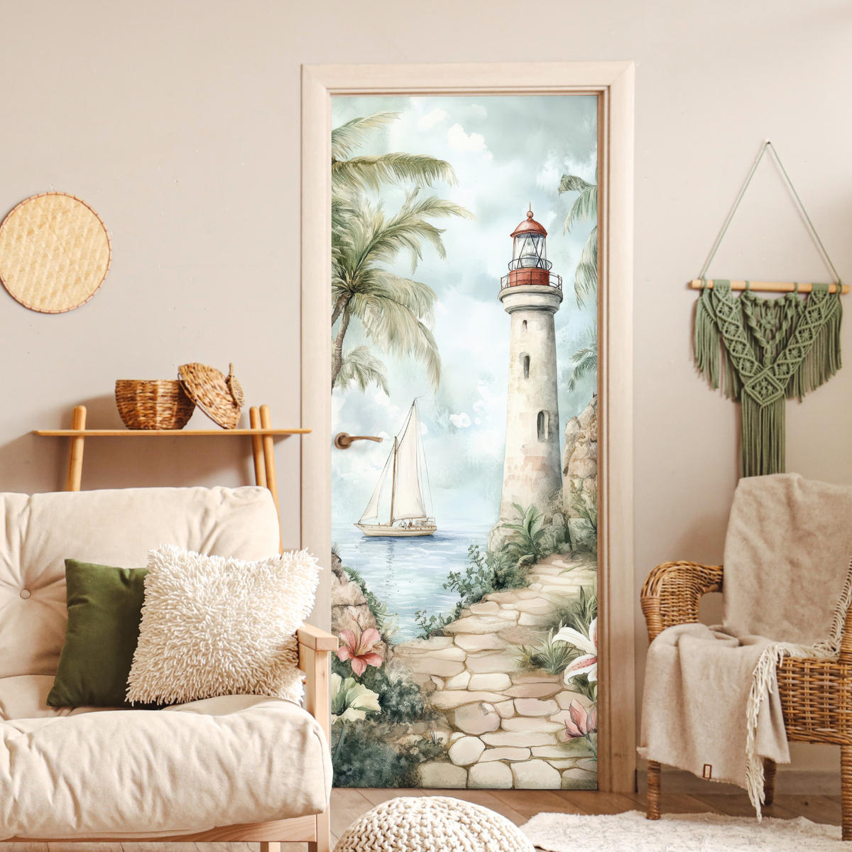 TÜRAUFKLEBER Leuchtturm - Natur - Landschaft - Boot 80x215 cm - Türtapete - Eichefarben, Kunststoff (80/0.1cm) - MuchoWow