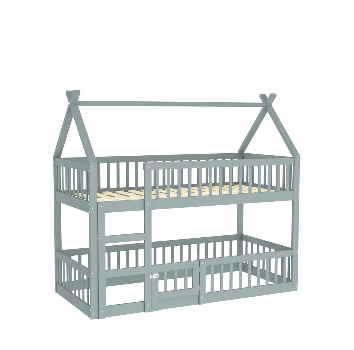 HAUSBETT 90/200 cm aus Holz mit Treppe und Rausfallschutz in Grau - Grau, Holz (90/200cm) - BEAOK