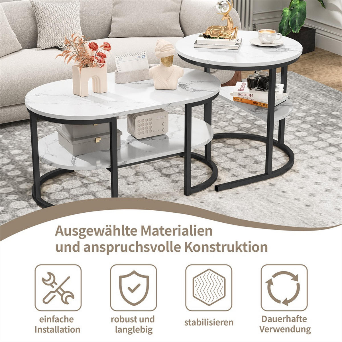COUCHTISCH 2er-Set - Ovaler und Runder Couchtisch in Marmoroptik mit Ablage - Weiß und Schwarz - Schwarz, Holzwerkstoff (46/80/41cm) - DELFA