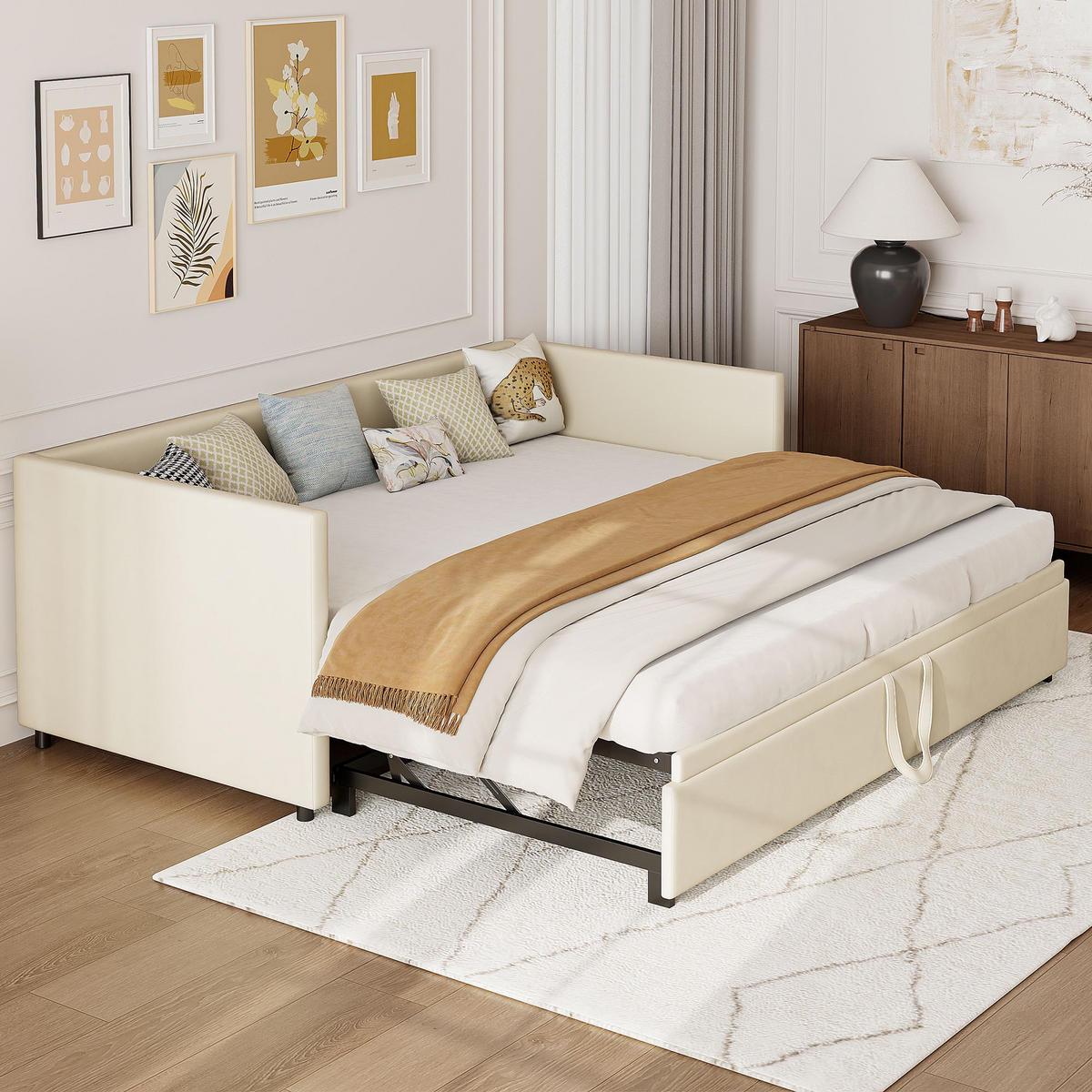 POLSTERBETT Velvet Comfort Polster-Tages 90-180x200 cm ausziehbar mit Gästebett-Funktion, Samt, Beige - Beige, Textil (90/200cm) - DELFA