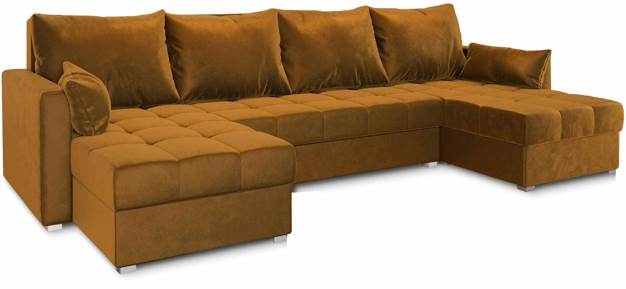 WOHNLANDSCHAFT NAKO Gelb Plüsch-Stoff mit Schlaffunktion - Gelb, Holz (285/85/140cm) - MASSENO