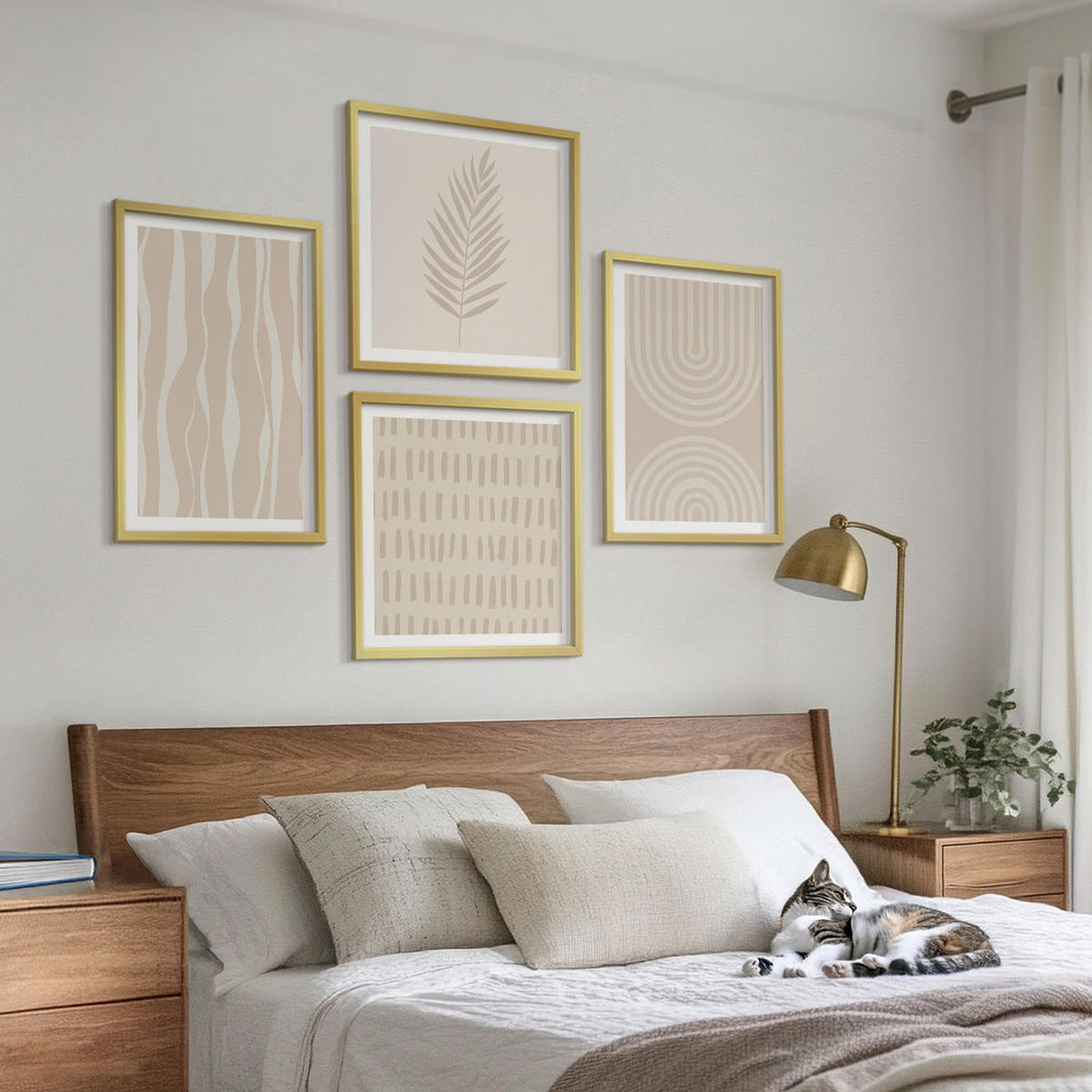 WANDBILDER 4er Set - 50x50 cm & 40x60 cm Goldrahmen - Beige Pflanzenmuster - Goldfarben, Kunststoff (50/50cm) - ArtPrintCave