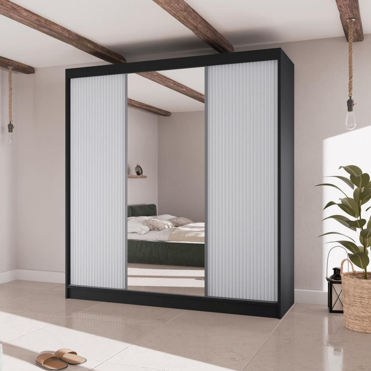 SCHWEBETÜRENSCHRANK Ramos II 200/61/215 schwarz+weiß - Schwarz/Weiß, Holzwerkstoff (200/215/61cm) - Beautysofa
