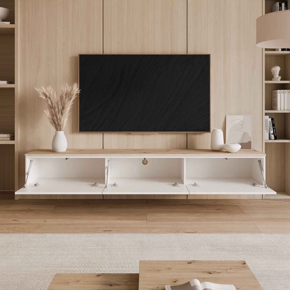 TV-LOWBOARD SELIA hängend 200 cm Weiß / Handgefertigte Eiche - Weiß, Holzwerkstoff (200/28.5/35cm) - Idohome