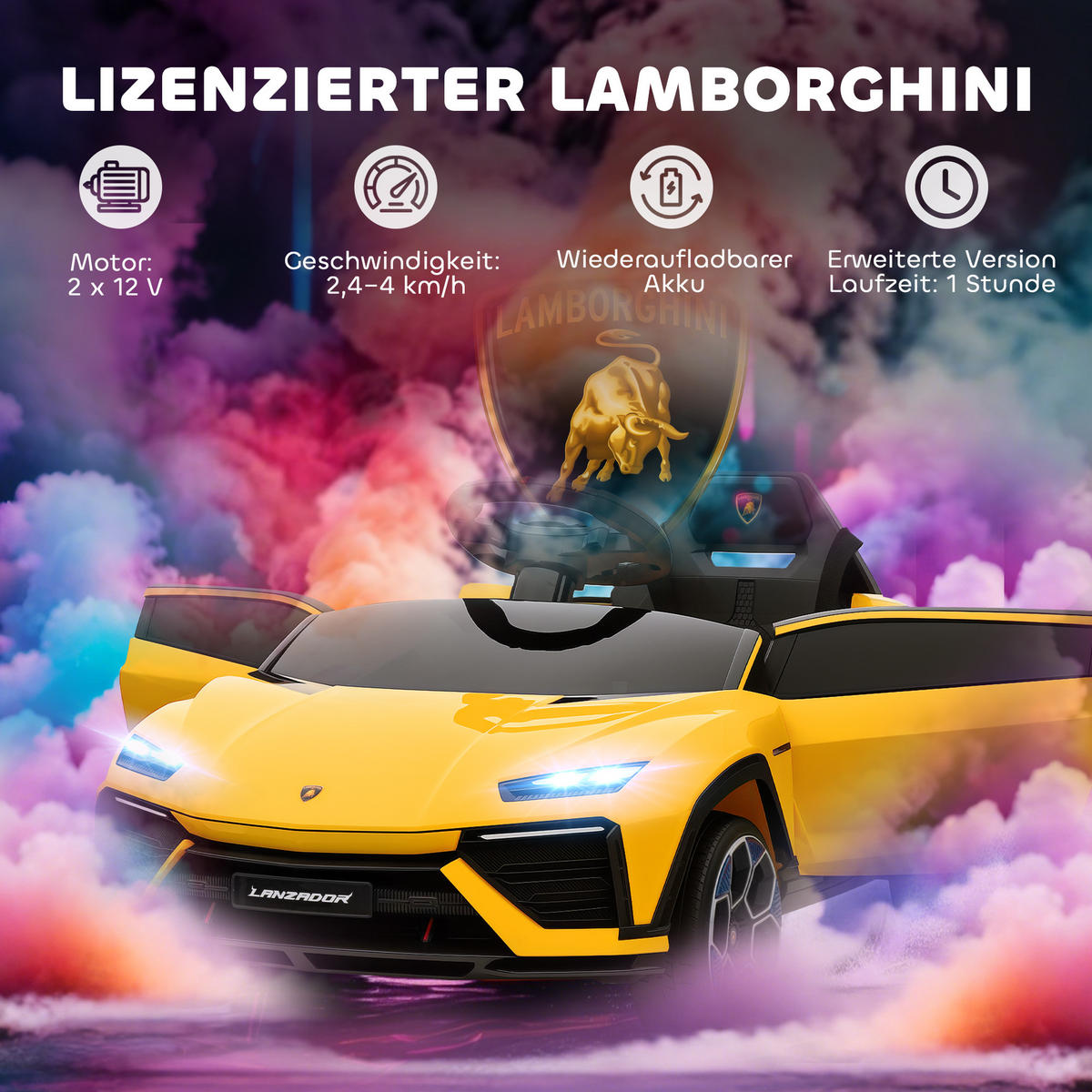 ELEKTROAUTO DE-06263 Lamborghini lizenziert mit 2,4G Fernbedienung Gelb - Gelb, Kunststoff/Metall (101.5/49/43cm) - ComfortXL