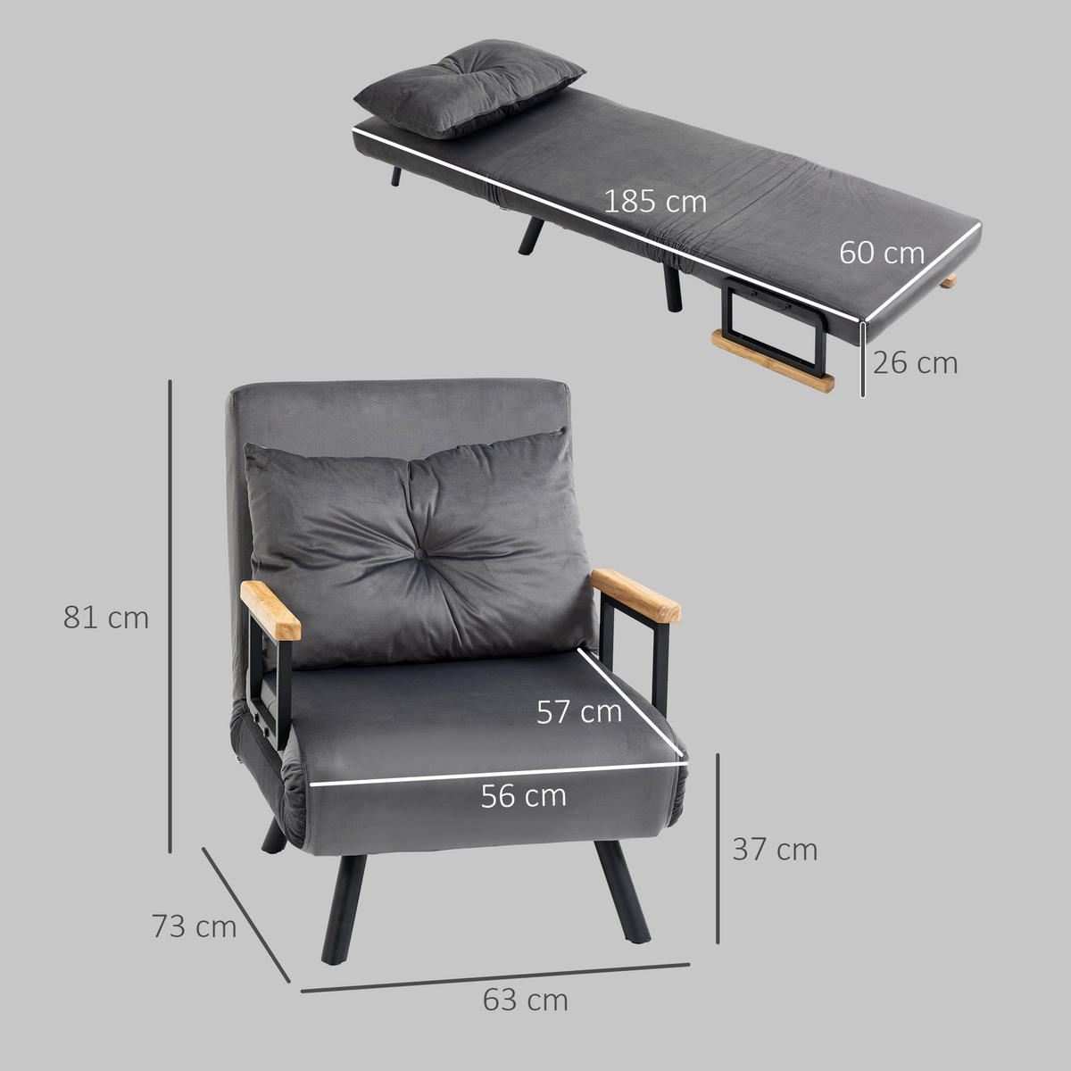 SCHLAFSESSEL, Einzelsofa mit Bettfunktion, Relaxsessel mit Rückenkissen Grau - Dunkelgrau/Schwarz, Holz/Textil (73/81/63cm) - HOMCOM