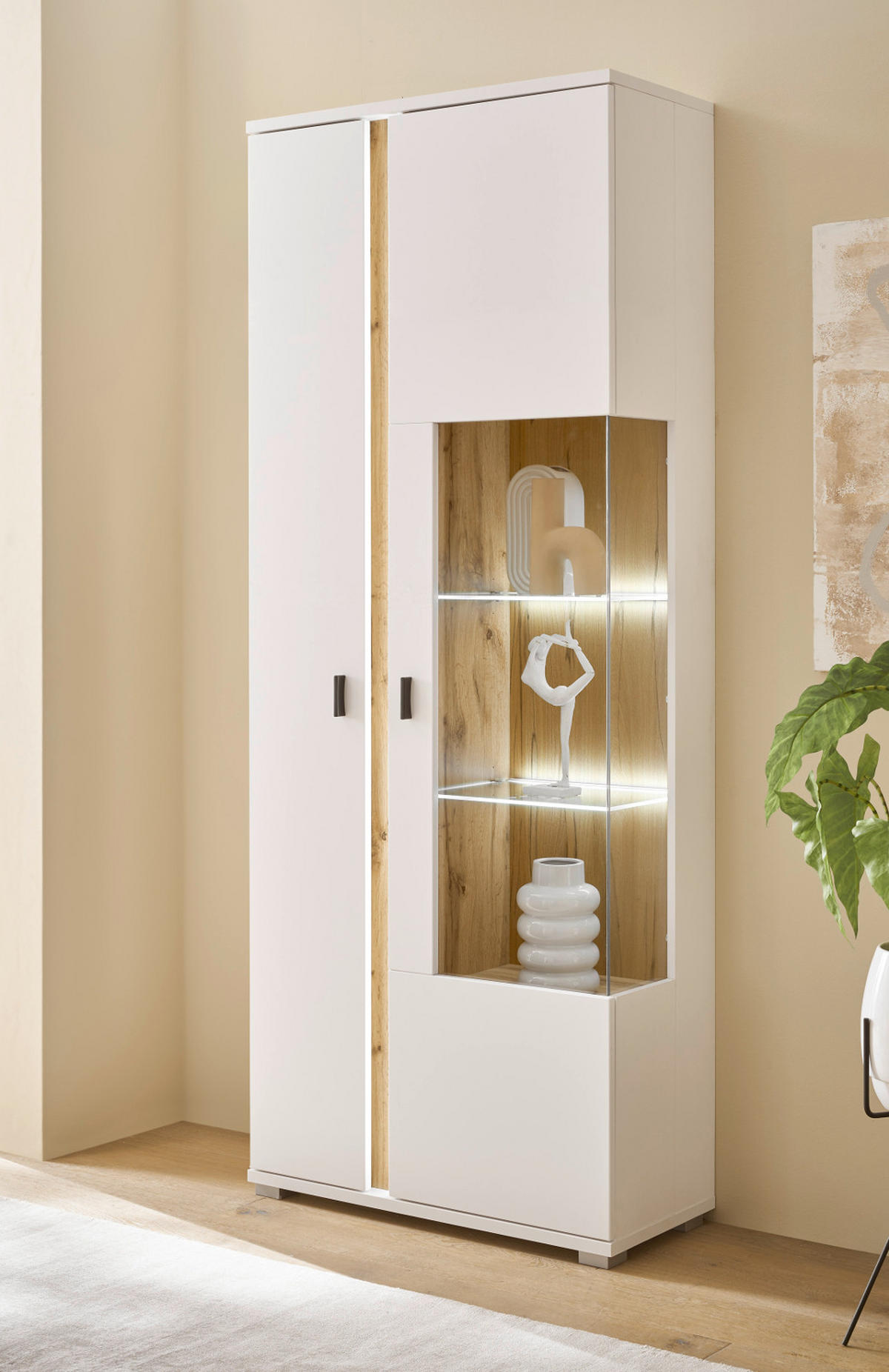 VITRINE weiß matt, Eiche Wotan 80 x 200 cm, Vitrinenschrank inklusive Frontbeleuchtung - Silberfarben/Eiche Wotan, Glas/Holzwerkstoff (80/200/35cm) - Furn.Design