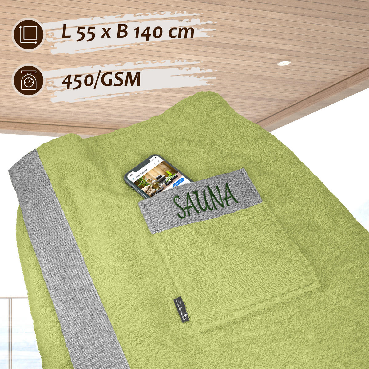 SAUNAKILT Herren Salbeigrün, Lima Saunahandtuch mit Klettverschluss - Salbeigrün, Textil (140/55cm) - Lashuma