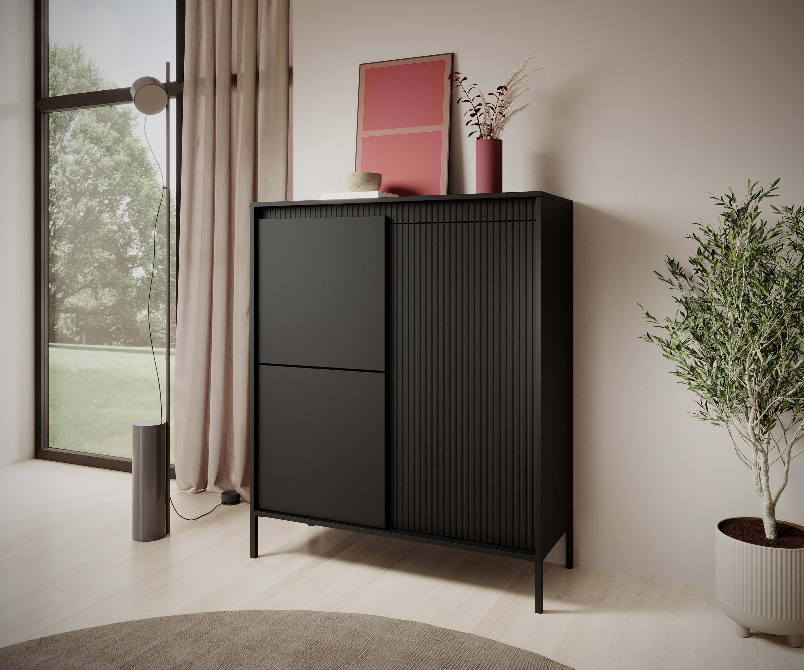 KOMMODE SENSO 3D Hoch, Geriffelte MDF-Fronten, Push-to-Open, Metallfüße, 103,5x123,4x39,5 cm - Schwarz - Schwarz, Holz/Holzwerkstoff (104/124/40cm) - DomoHome