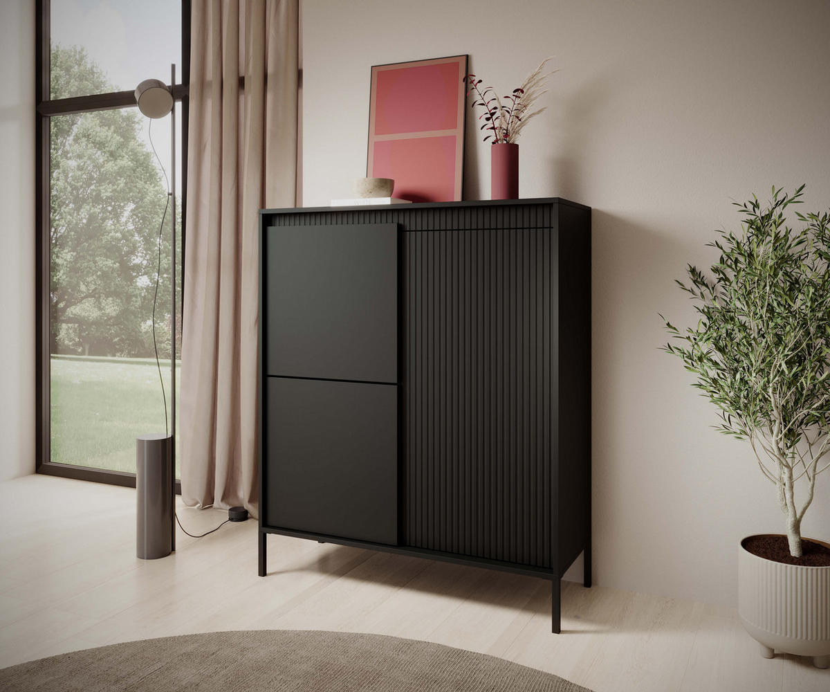 KOMMODE SENSO 3D Hoch, Geriffelte MDF-Fronten, Push-to-Open, Metallfüße, 103,5x123,4x39,5 cm - Schwarz - Schwarz, Holz/Holzwerkstoff (104/124/40cm) - DomoHome