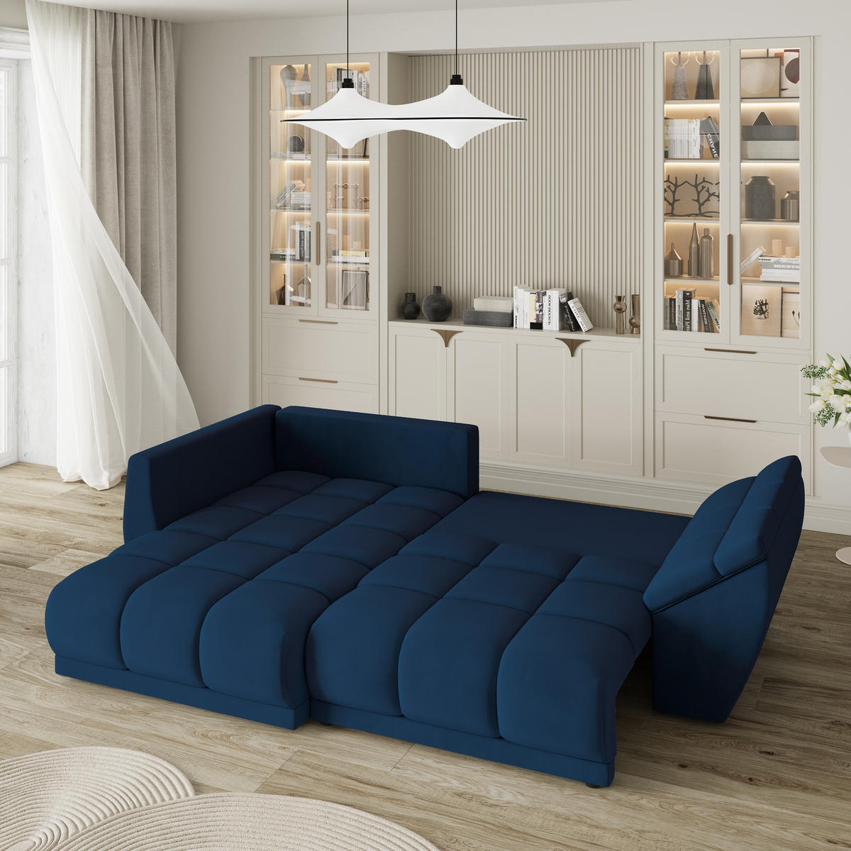ECKSOFA ORENTI L-S Blau Velours-Stoff mit Schlaffunktion - Dunkelblau, Holz (287/182cm) - MASSENO