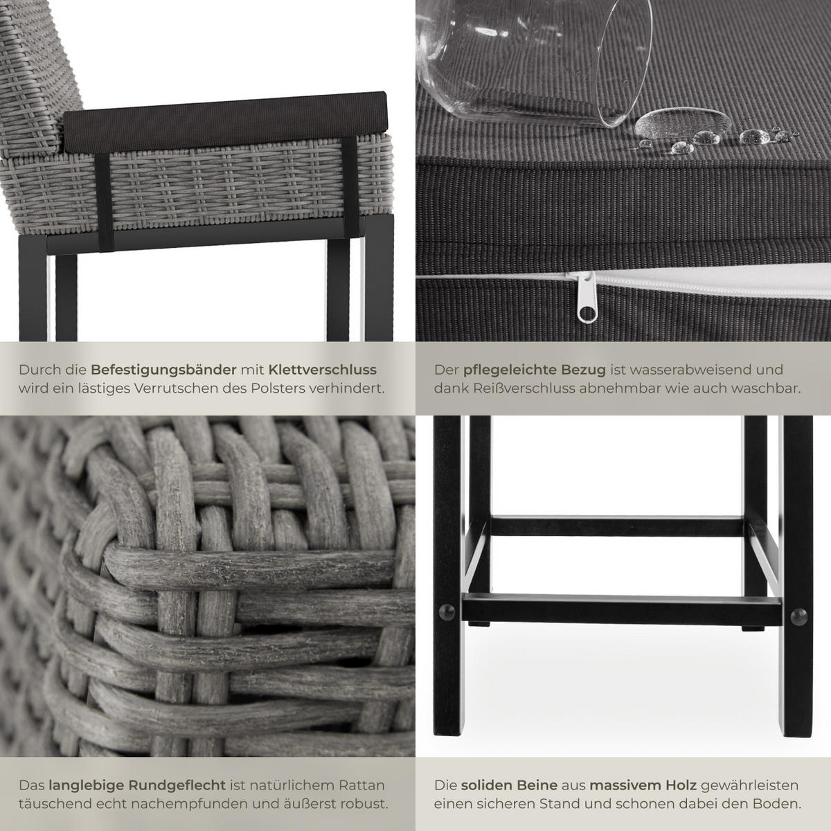 RATTAN-BARSTUHL Latina,inklusive Sitzpolster, 45 x 62,5 x 99 cm,grau - Grau, Kunststoff (45/99/62.5cm) - tectake